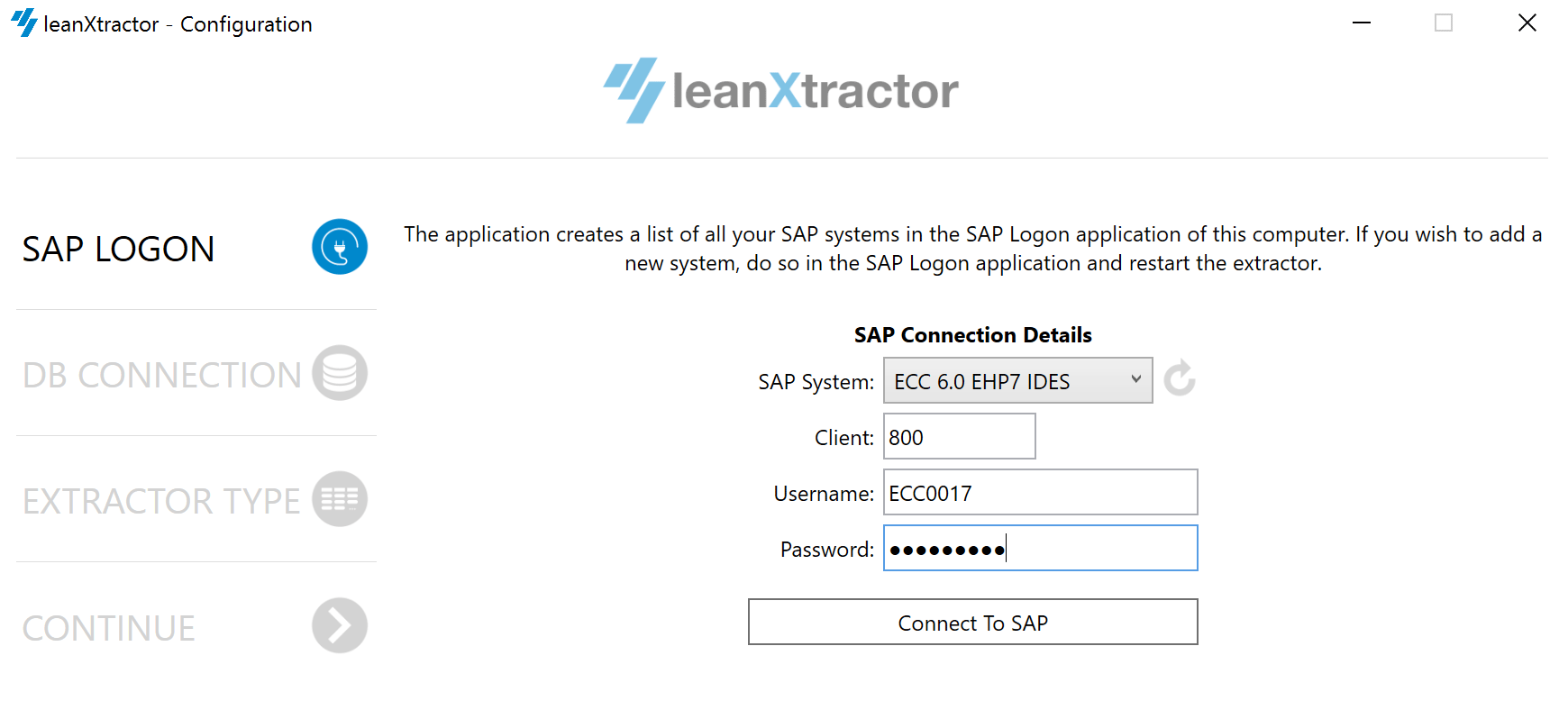 SAP data extractor - select SAP system