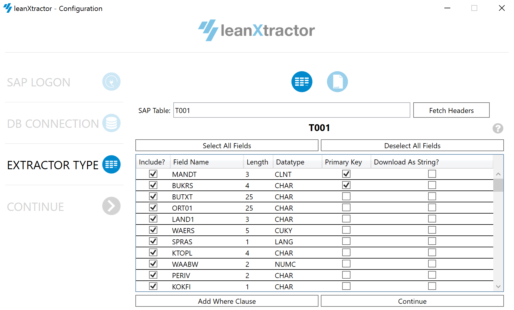 LeanXtractor - table overview